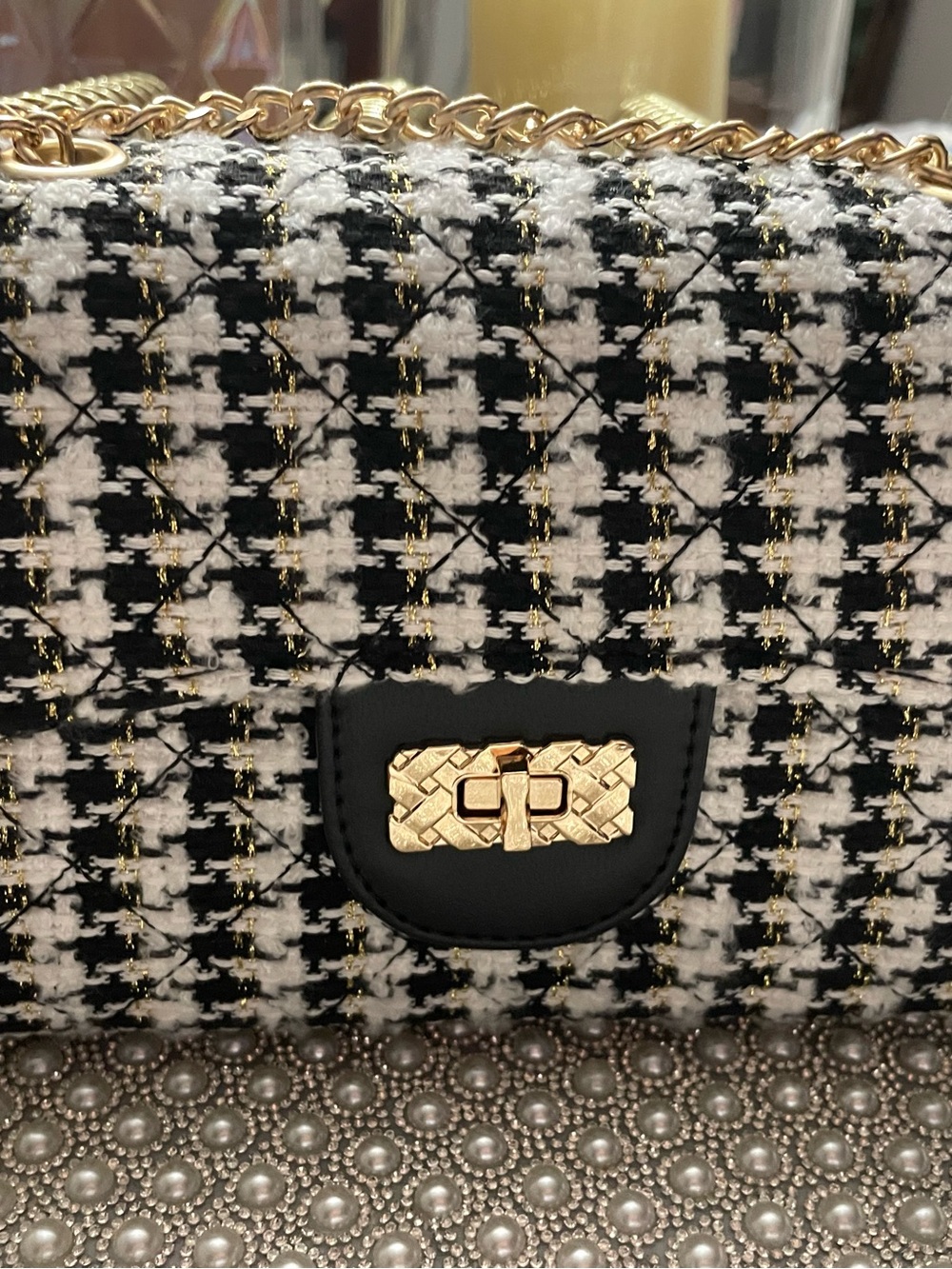Chic Black & White Tweed Chain Shoulder Bag with Gold Hardware